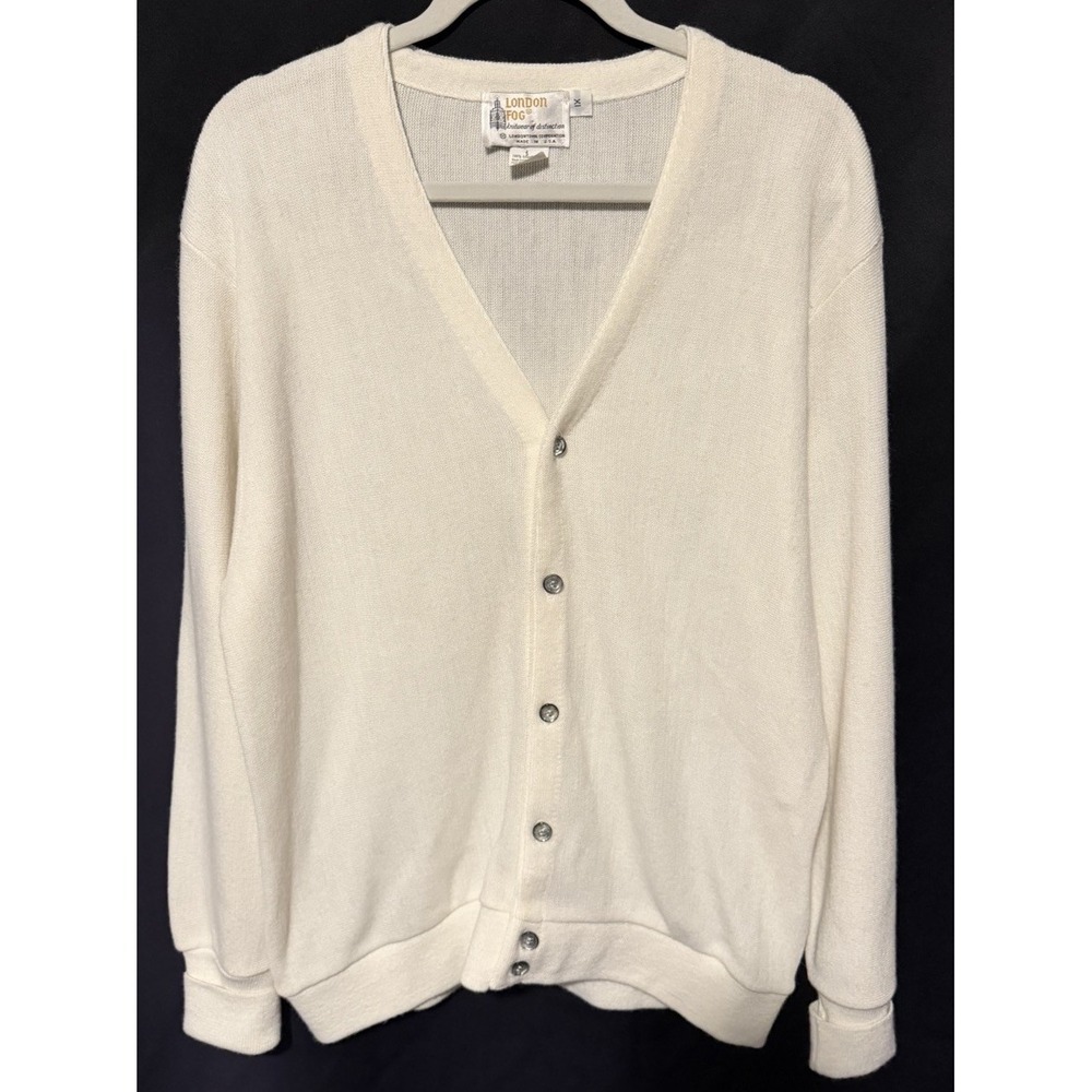 Vintage London Fog V Neck Grandpa Grandma Cardigan 1XL Ivory Off White Cuffs USA